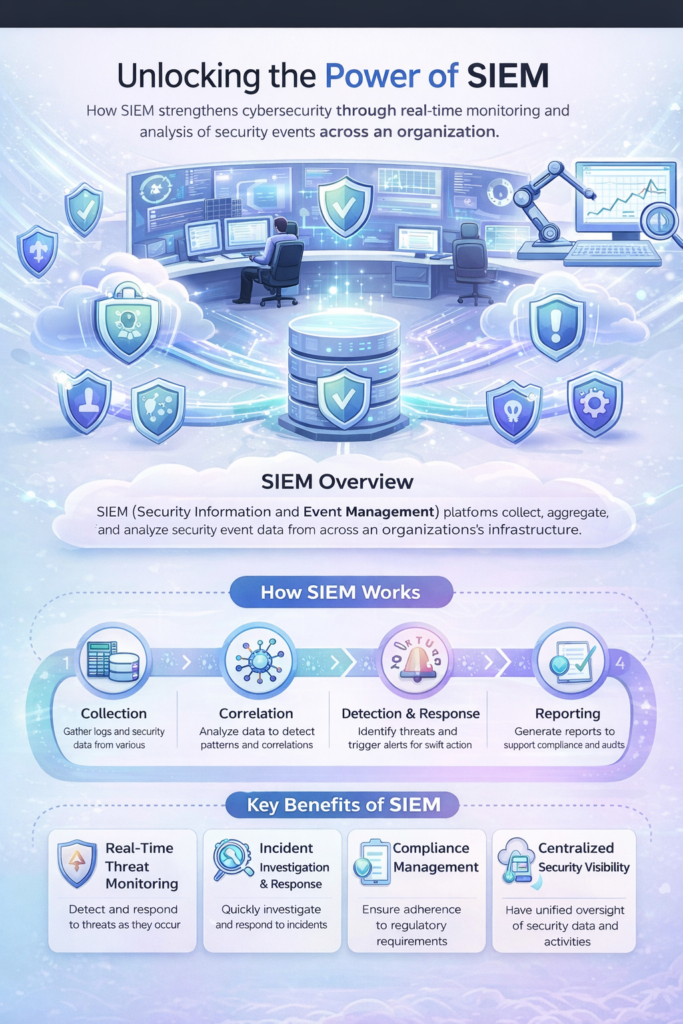 Infographic titled “Unlocking the Power of SIEM” showing how security information and event management collects, correlates, detects, and reports security events, with benefits including real-time threat monitoring, incident response, compliance management, and centralized visibility.