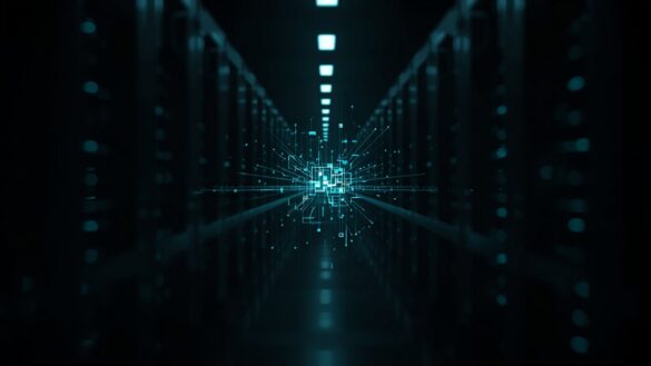 Cinematic Dark Data Center with Glowing Containers