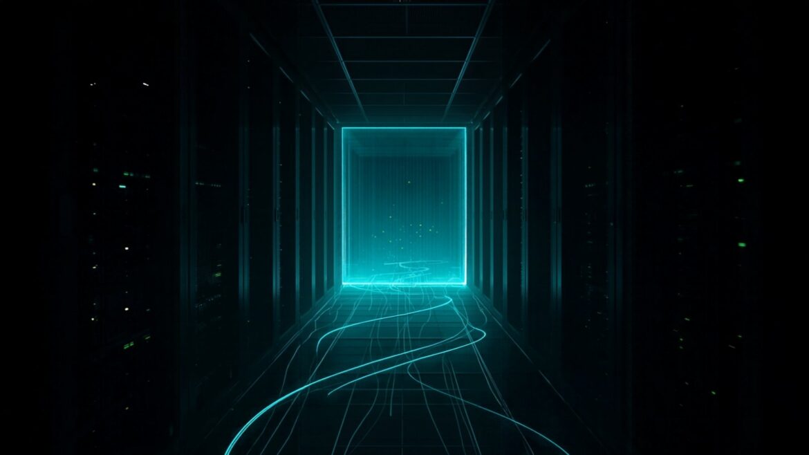 Cinematic Data Center Corridor with Teal Lights