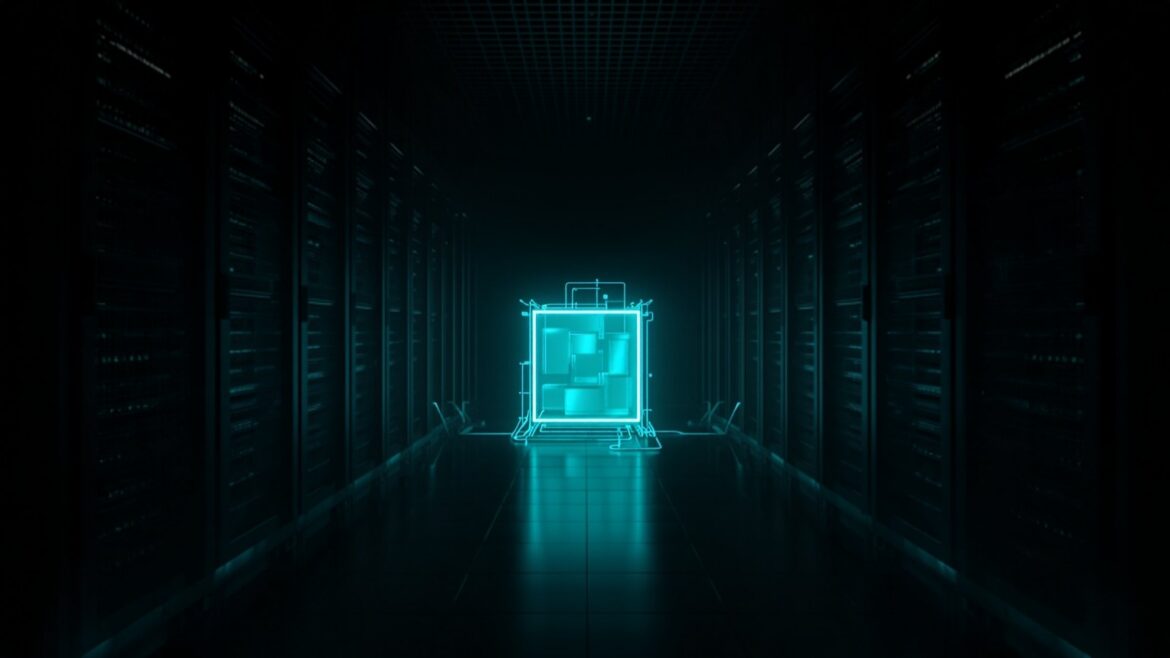 Dark Data Center with Encased Glowing Blocks