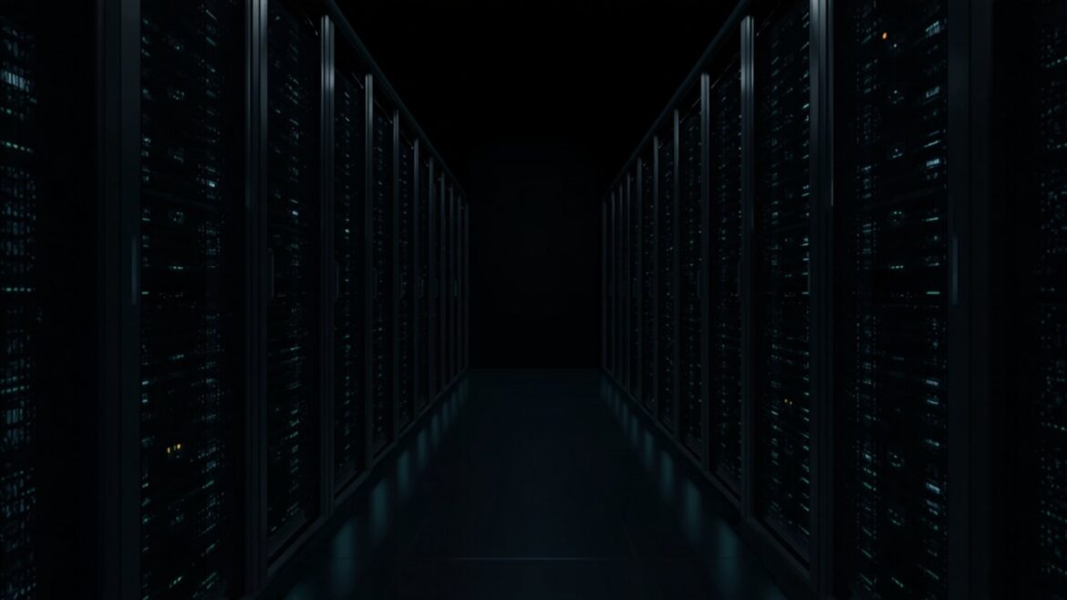 Dim Data Center Aisle with Exposed Server Node