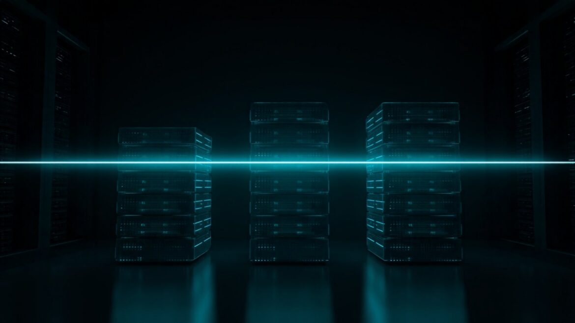 Glowing Teal and Cyan Storage Blocks in Data Center
