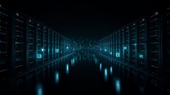 High-Tech Data Center with Illuminated Server Racks