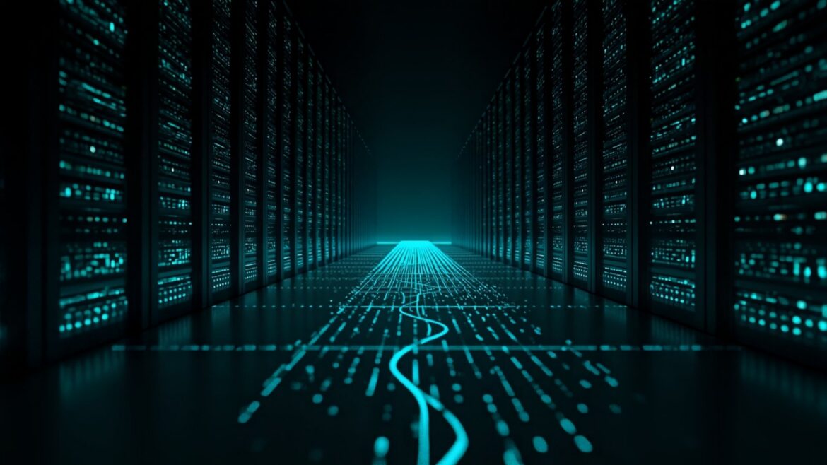 Hypnotic Data Center Aisle with Bright Blocks