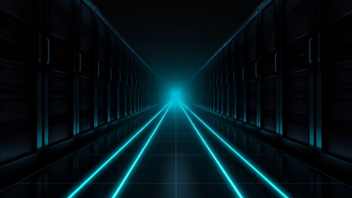 Hypnotic Data Center Scene with Circuit-Like Lines