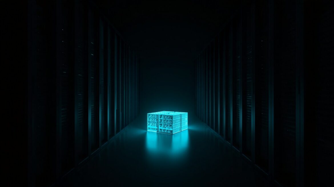 Moody Data Center Aisle with Colorful Lights