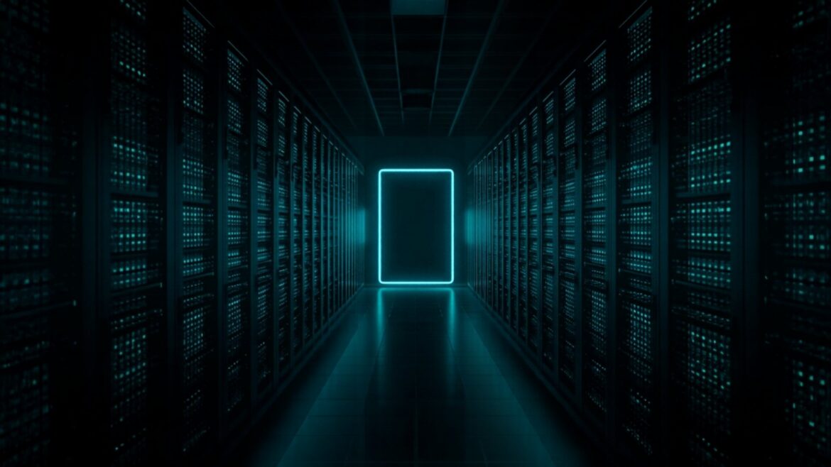 Moody Data Center Aisle with Teal Glow