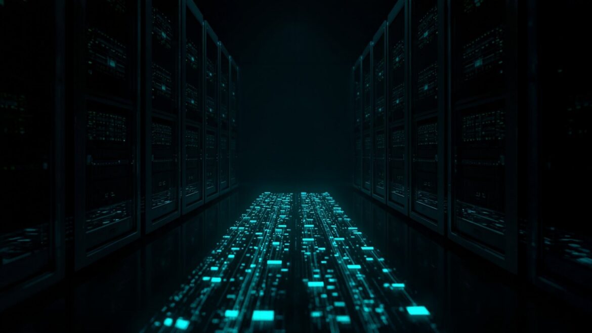 Shadowed Data Center with Glowing Data Streams