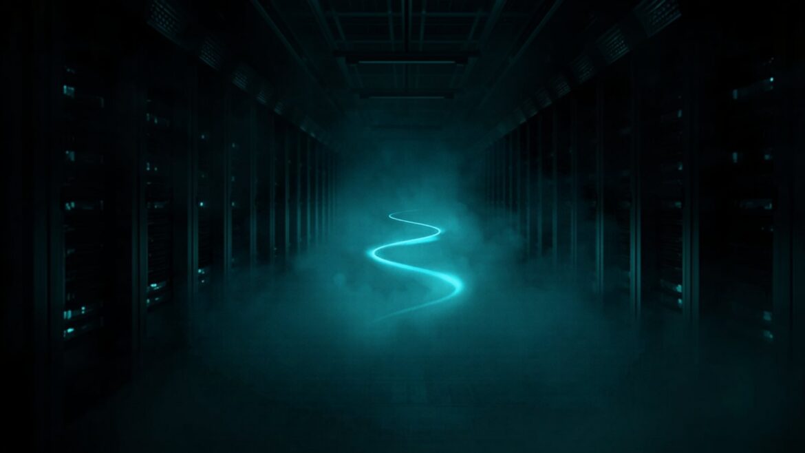 Shadowed Data Center with Pulsating Light Trail