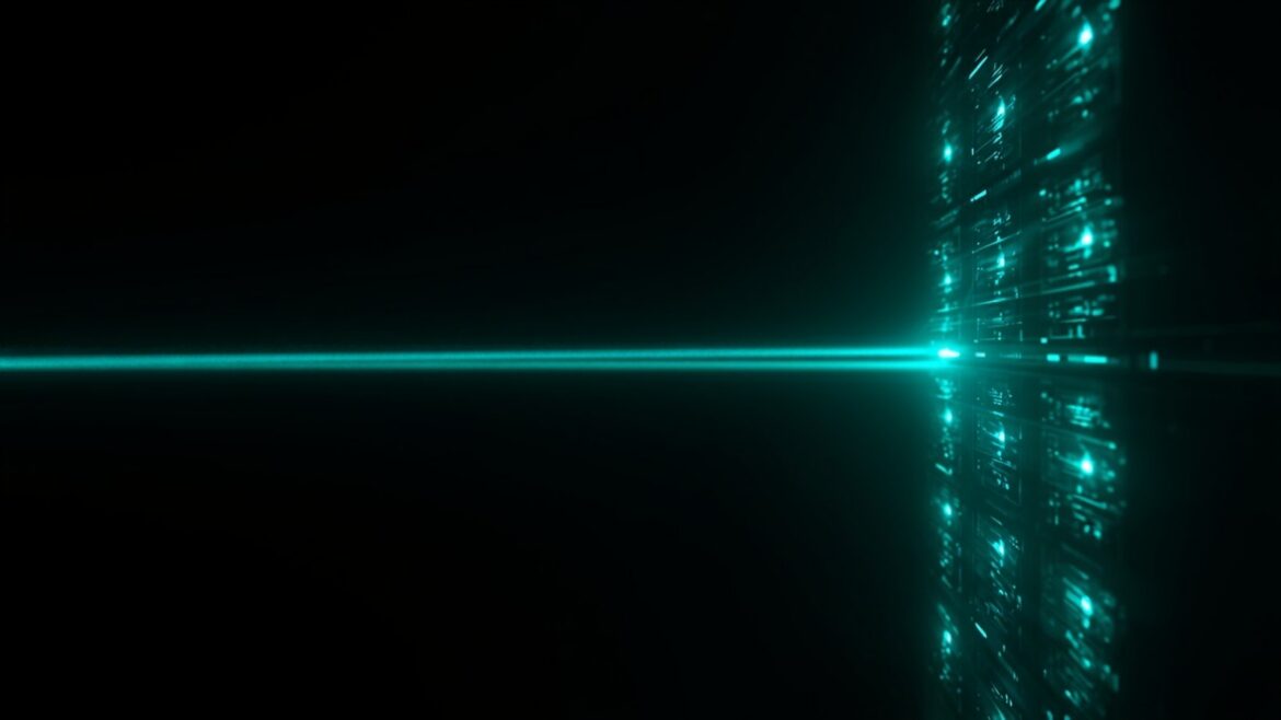 Sharp Teal Beams in Shadowy Data Center