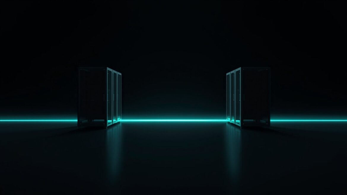 Teal and Cyan Server Racks in Dark Data Center