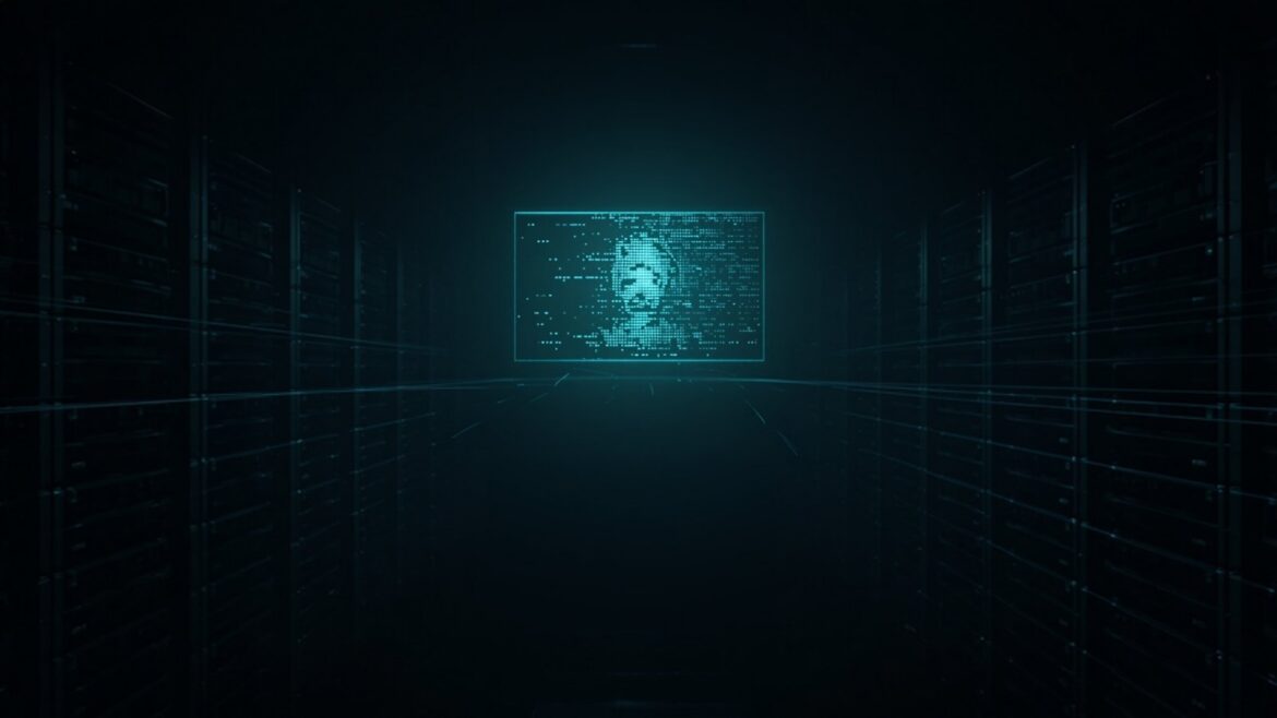 Teal Screen in Dark Server Room